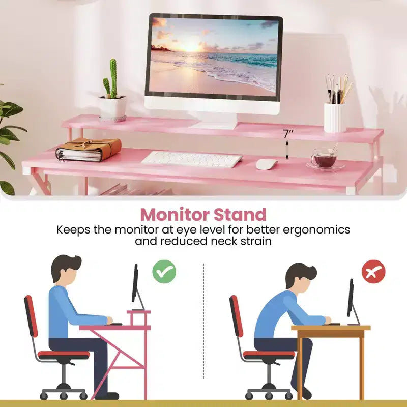 Scrivania da ufficio con supporto monitor, ripiano aperto e struttura in metallo, gancio per cuffie bianco/marrone/nero/rosa