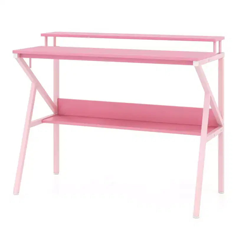 Scrivania da ufficio con supporto monitor, ripiano aperto e struttura in metallo, gancio per cuffie bianco/marrone/nero/rosa