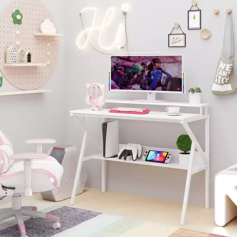 Scrivania da ufficio con supporto monitor, ripiano aperto e struttura in metallo, gancio per cuffie bianco/marrone/nero/rosa