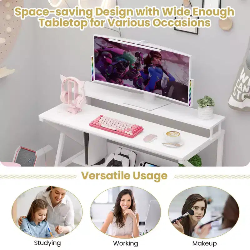 Scrivania da ufficio con supporto monitor, ripiano aperto e struttura in metallo, gancio per cuffie bianco/marrone/nero/rosa