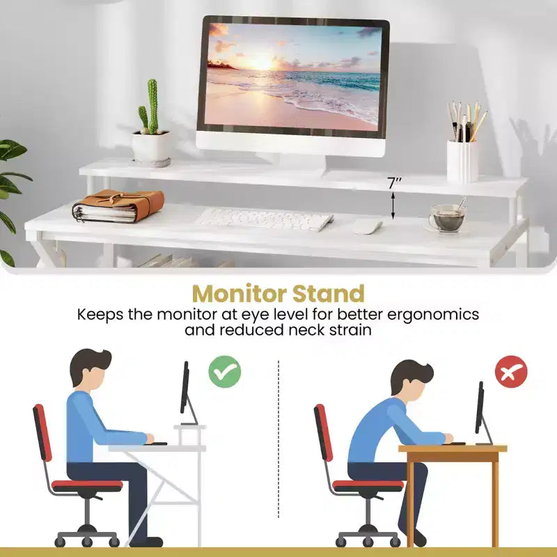 Scrivania da ufficio con supporto monitor, ripiano aperto e struttura in metallo, gancio per cuffie bianco/marrone/nero/rosa