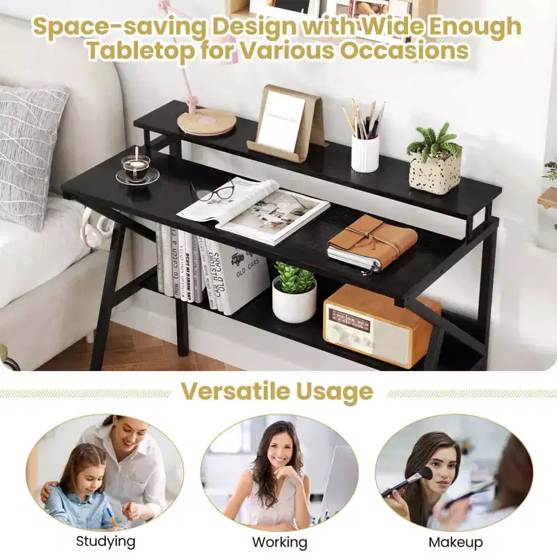 Scrivania da ufficio con supporto monitor, ripiano aperto e struttura in metallo, gancio per cuffie bianco/marrone/nero/rosa