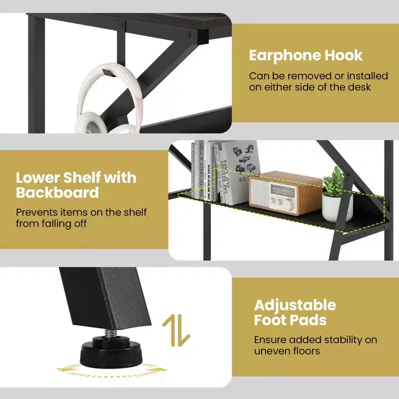 Scrivania da ufficio con supporto monitor, ripiano aperto e struttura in metallo, gancio per cuffie bianco/marrone/nero/rosa