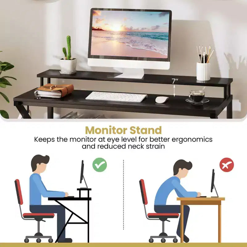Scrivania da ufficio con supporto monitor, ripiano aperto e struttura in metallo, gancio per cuffie bianco/marrone/nero/rosa
