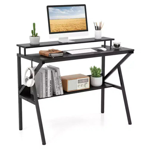 Costway Home Office Desk with Monitor Stand, Open Shelf & Metal Frame, Earphone Hook White/Brown/Black/Pink