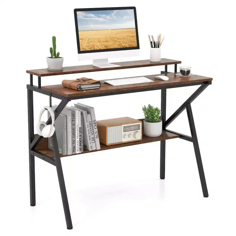 Scrivania da ufficio con supporto monitor, ripiano aperto e struttura in metallo, gancio per cuffie bianco/marrone/nero/rosa