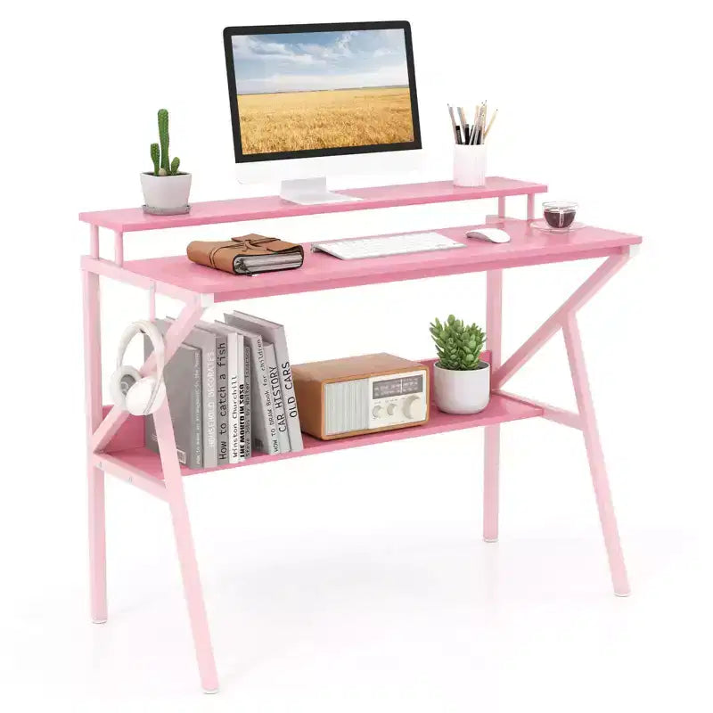 Scrivania da ufficio con supporto monitor, ripiano aperto e struttura in metallo, gancio per cuffie bianco/marrone/nero/rosa