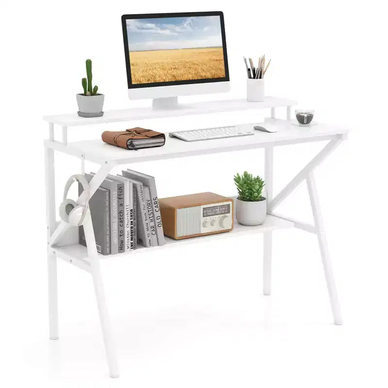 Scrivania da ufficio con supporto monitor, ripiano aperto e struttura in metallo, gancio per cuffie bianco/marrone/nero/rosa