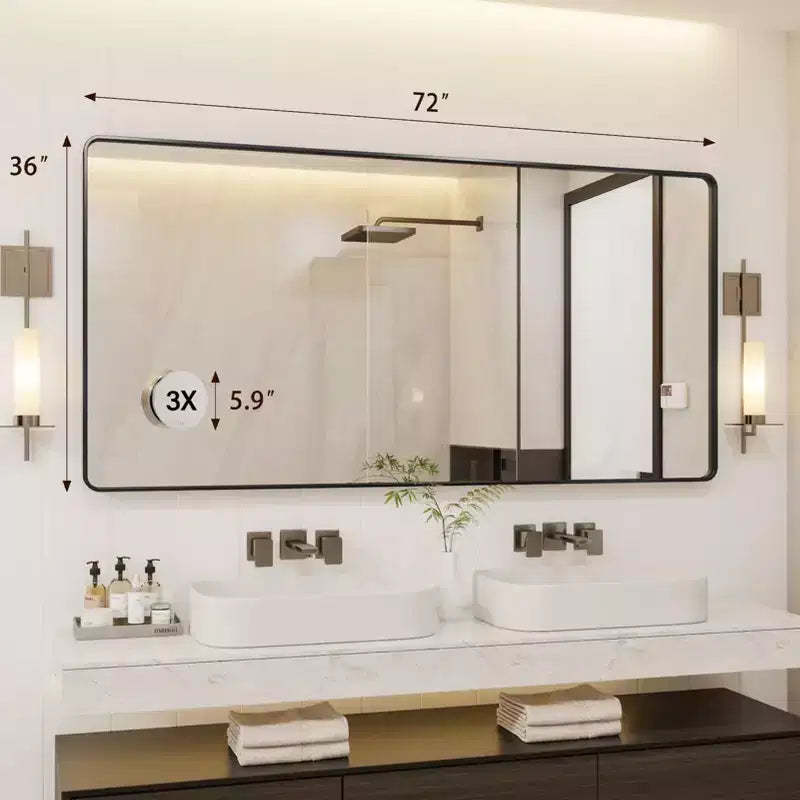 Specchio da bagno con cornice in metallo nero, specchio da parete rettangolare arrotondato per mobile lavabo, orizzontale/verticale