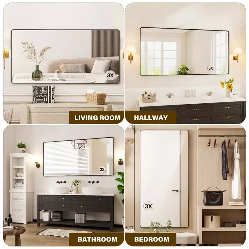 Specchio da bagno con cornice in metallo nero, specchio da parete rettangolare arrotondato per mobile lavabo, orizzontale/verticale