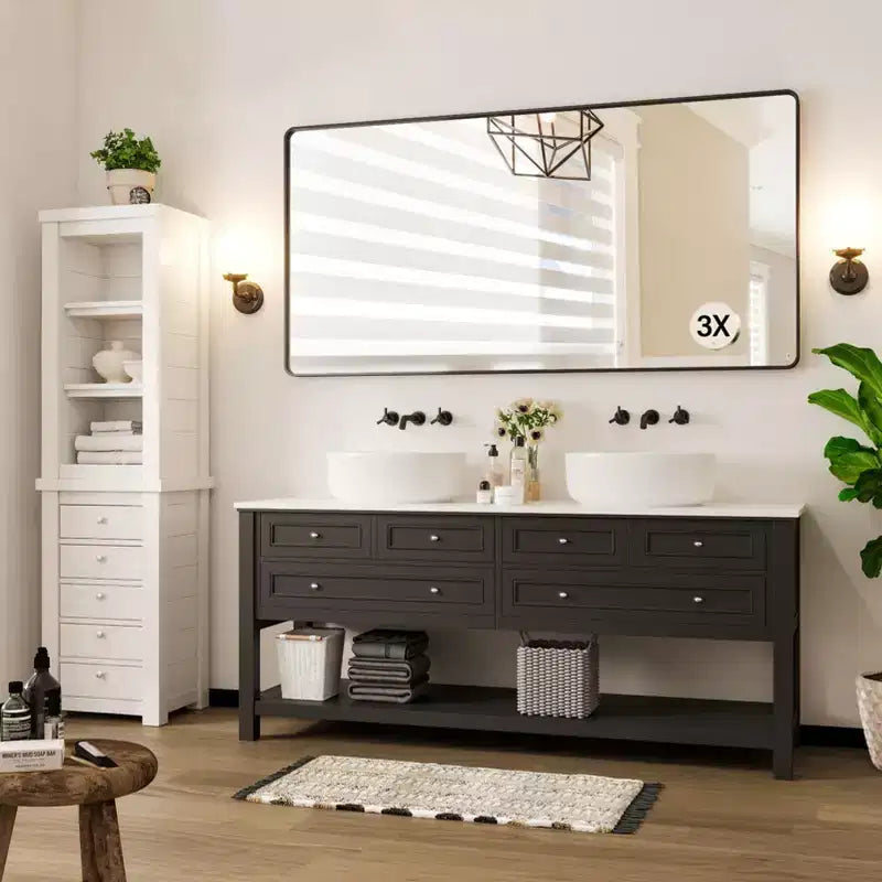 Specchio da bagno con cornice in metallo nero, specchio da parete rettangolare arrotondato per mobile lavabo, orizzontale/verticale