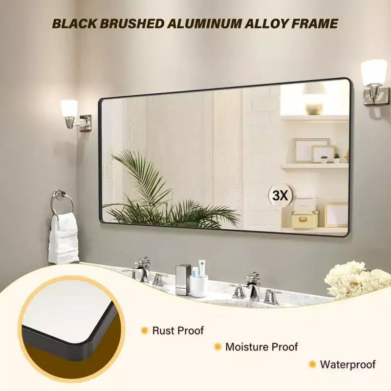 Specchio da bagno con cornice in metallo nero, specchio da parete rettangolare arrotondato per mobile lavabo, orizzontale/verticale