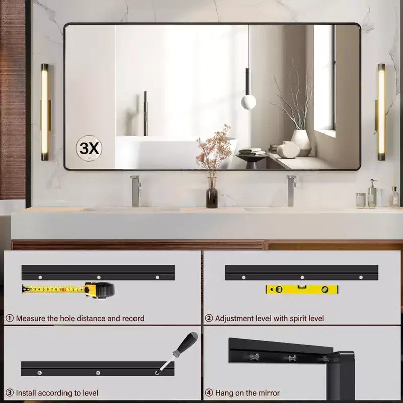 Specchio da bagno con cornice in metallo nero, specchio da parete rettangolare arrotondato per mobile lavabo, orizzontale/verticale
