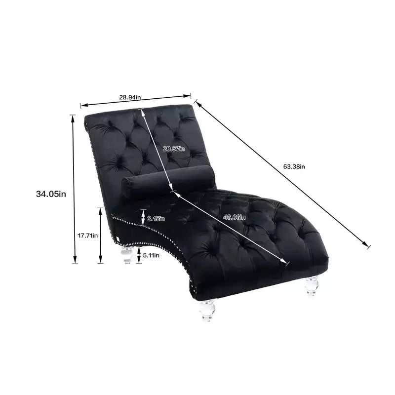 Lussuosa chaise longue con bottoni in velluto e piedini trasparenti, comoda poltrona imbottita per camera da letto, soggiorno, ufficio