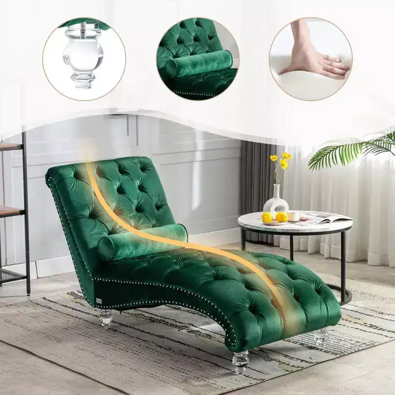 Lussuosa chaise longue con bottoni in velluto e piedini trasparenti, comoda poltrona imbottita per camera da letto, soggiorno, ufficio