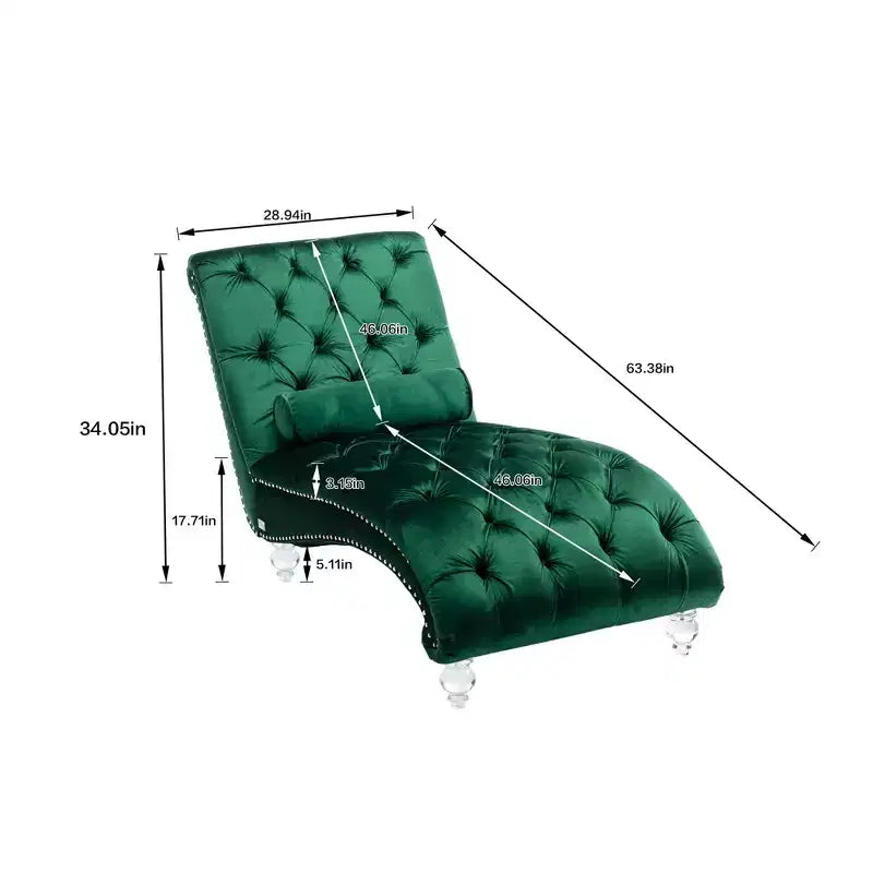 Lussuosa chaise longue con bottoni in velluto e piedini trasparenti, comoda poltrona imbottita per camera da letto, soggiorno, ufficio