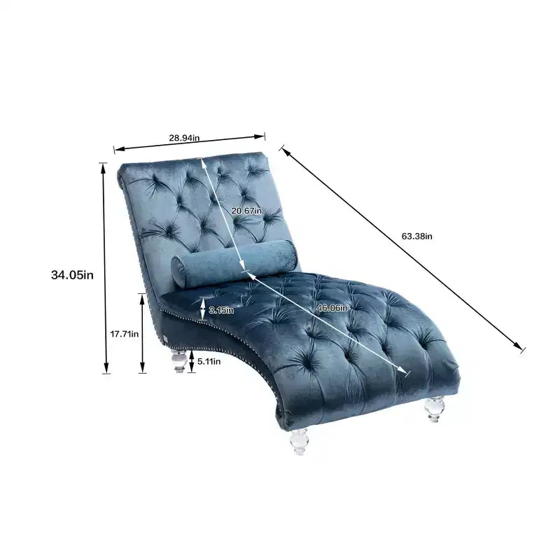 Lussuosa chaise longue con bottoni in velluto e piedini trasparenti, comoda poltrona imbottita per camera da letto, soggiorno, ufficio