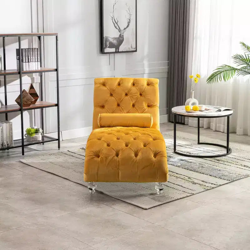 Lussuosa chaise longue con bottoni in velluto e piedini trasparenti, comoda poltrona imbottita per camera da letto, soggiorno, ufficio