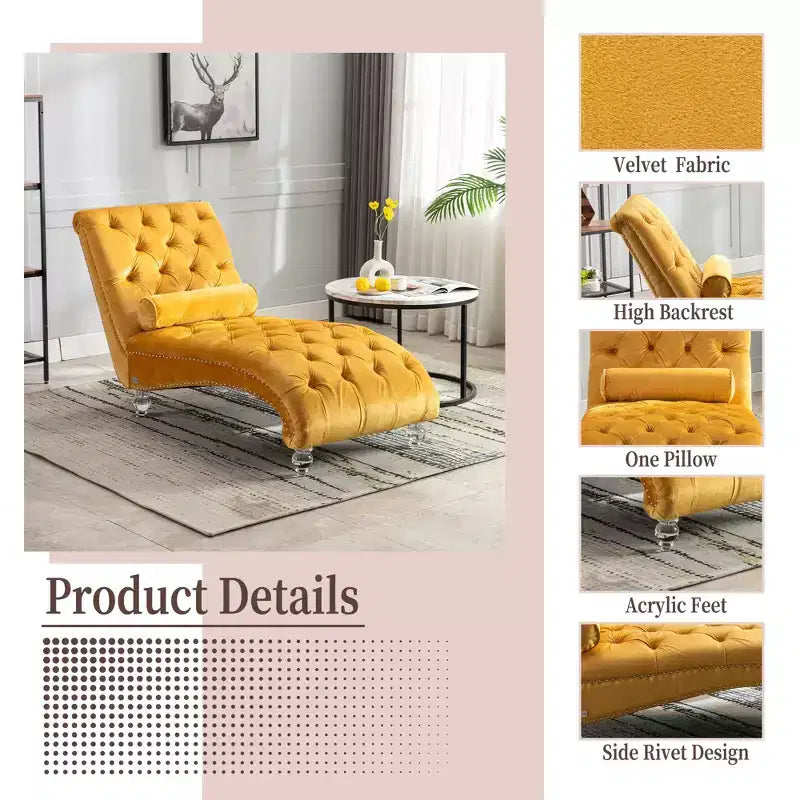Lussuosa chaise longue con bottoni in velluto e piedini trasparenti, comoda poltrona imbottita per camera da letto, soggiorno, ufficio