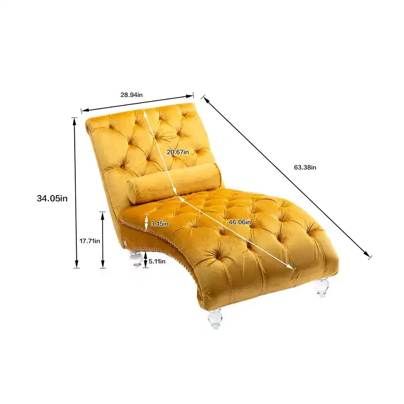 Lussuosa chaise longue con bottoni in velluto e piedini trasparenti, comoda poltrona imbottita per camera da letto, soggiorno, ufficio