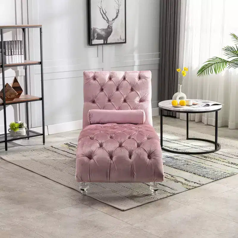 Lussuosa chaise longue con bottoni in velluto e piedini trasparenti, comoda poltrona imbottita per camera da letto, soggiorno, ufficio