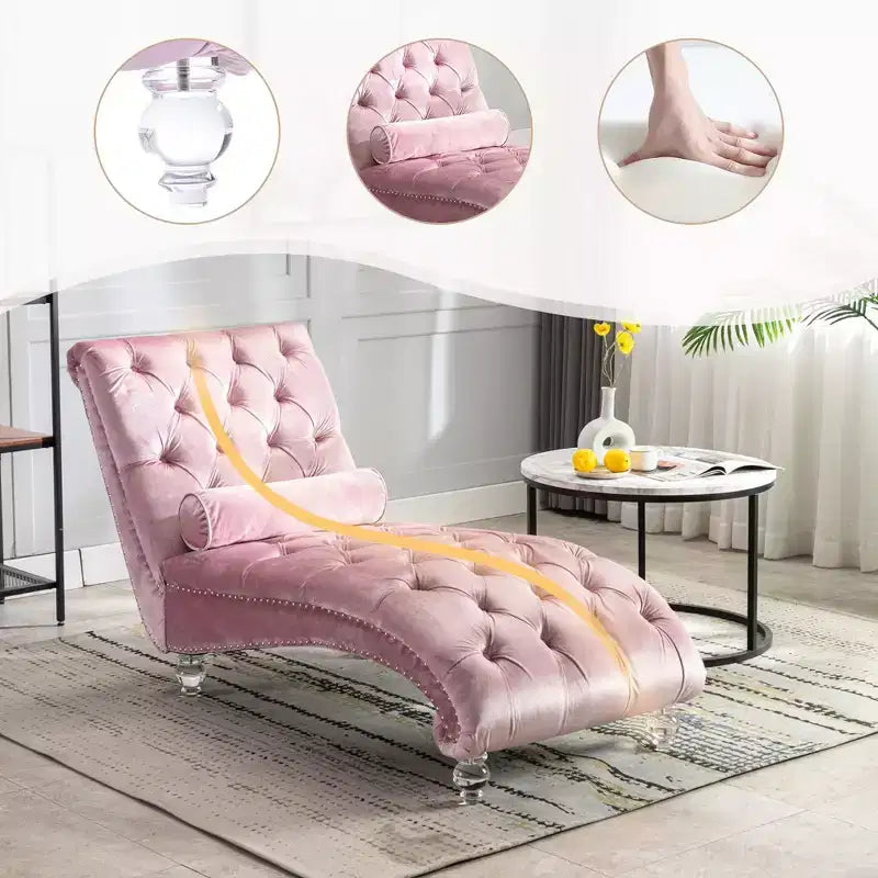 Lussuosa chaise longue con bottoni in velluto e piedini trasparenti, comoda poltrona imbottita per camera da letto, soggiorno, ufficio
