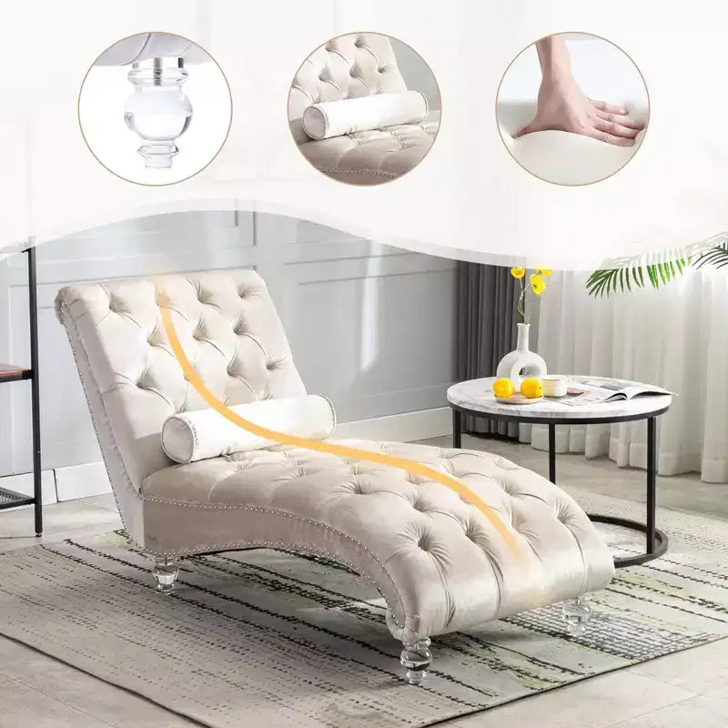 Lussuosa chaise longue con bottoni in velluto e piedini trasparenti, comoda poltrona imbottita per camera da letto, soggiorno, ufficio