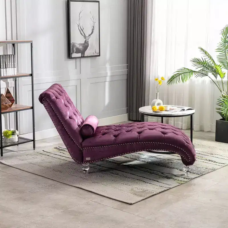 Lussuosa chaise longue con bottoni in velluto e piedini trasparenti, comoda poltrona imbottita per camera da letto, soggiorno, ufficio