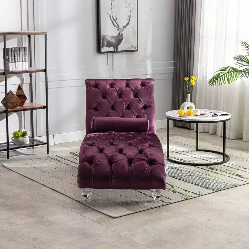 Lussuosa chaise longue con bottoni in velluto e piedini trasparenti, comoda poltrona imbottita per camera da letto, soggiorno, ufficio