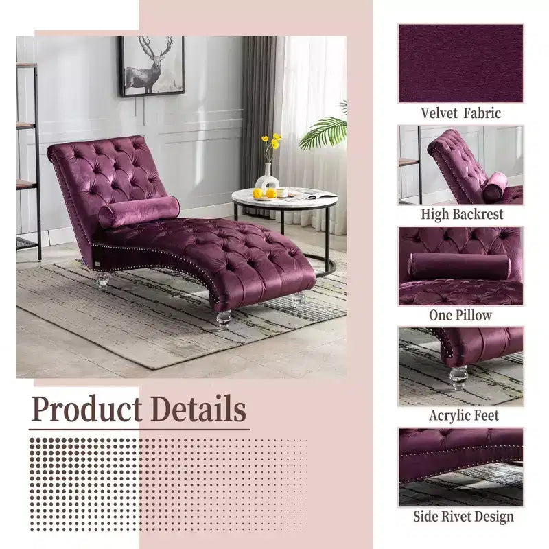 Lussuosa chaise longue con bottoni in velluto e piedini trasparenti, comoda poltrona imbottita per camera da letto, soggiorno, ufficio