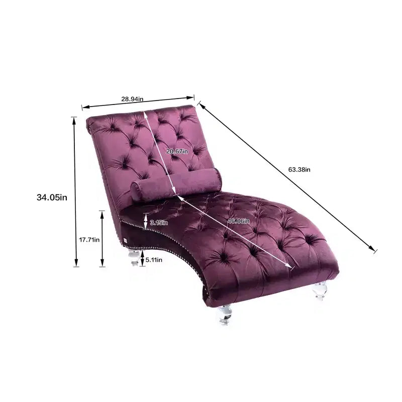 Lussuosa chaise longue con bottoni in velluto e piedini trasparenti, comoda poltrona imbottita per camera da letto, soggiorno, ufficio