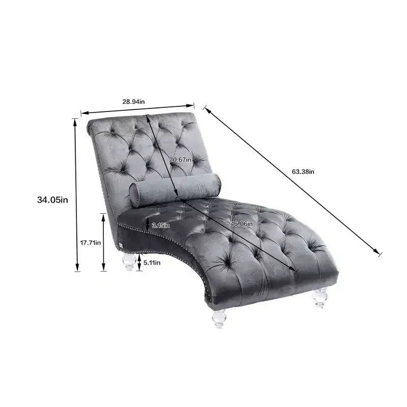 Lussuosa chaise longue con bottoni in velluto e piedini trasparenti, comoda poltrona imbottita per camera da letto, soggiorno, ufficio