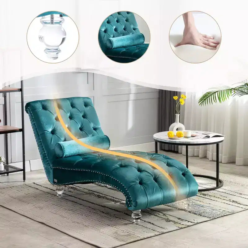 Lussuosa chaise longue con bottoni in velluto e piedini trasparenti, comoda poltrona imbottita per camera da letto, soggiorno, ufficio