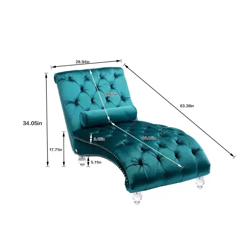 Lussuosa chaise longue con bottoni in velluto e piedini trasparenti, comoda poltrona imbottita per camera da letto, soggiorno, ufficio