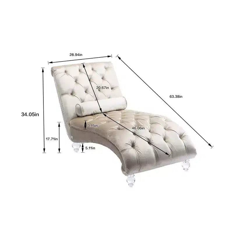 Lussuosa chaise longue con bottoni in velluto e piedini trasparenti, comoda poltrona imbottita per camera da letto, soggiorno, ufficio