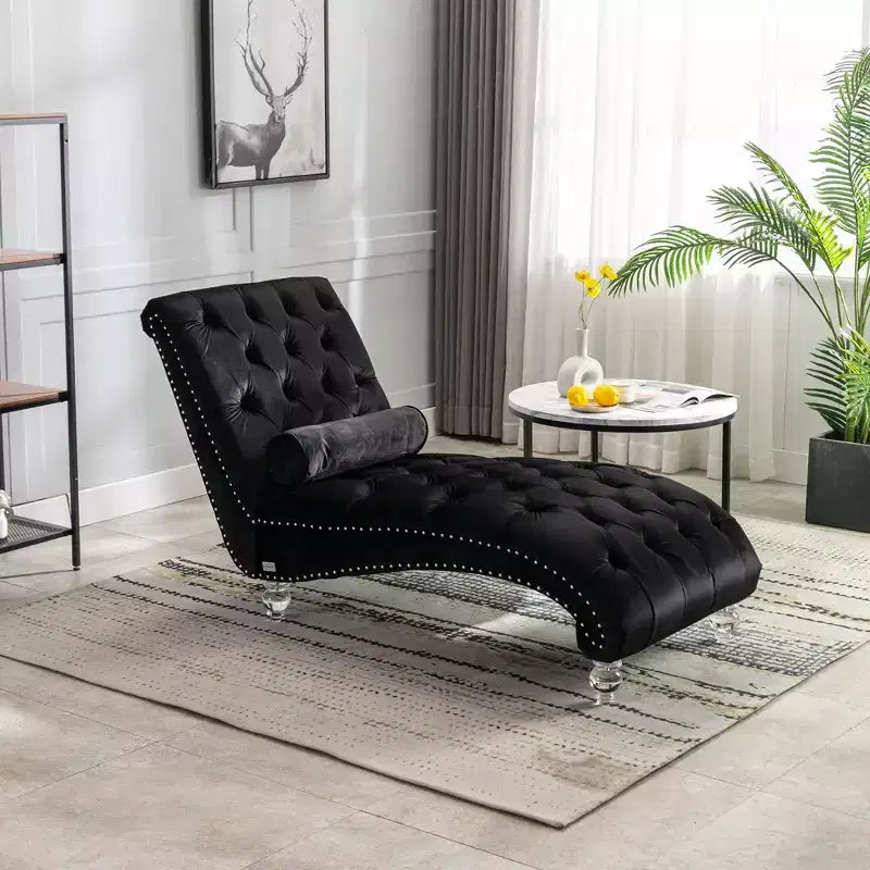 Lussuosa chaise longue con bottoni in velluto e piedini trasparenti, comoda poltrona imbottita per camera da letto, soggiorno, ufficio