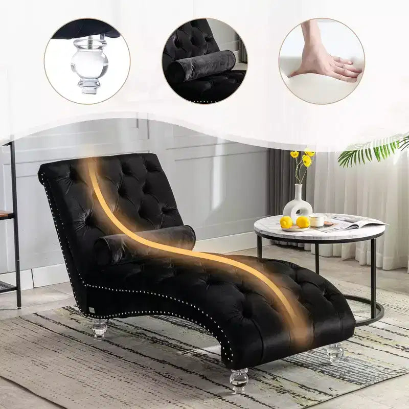 Lussuosa chaise longue con bottoni in velluto e piedini trasparenti, comoda poltrona imbottita per camera da letto, soggiorno, ufficio