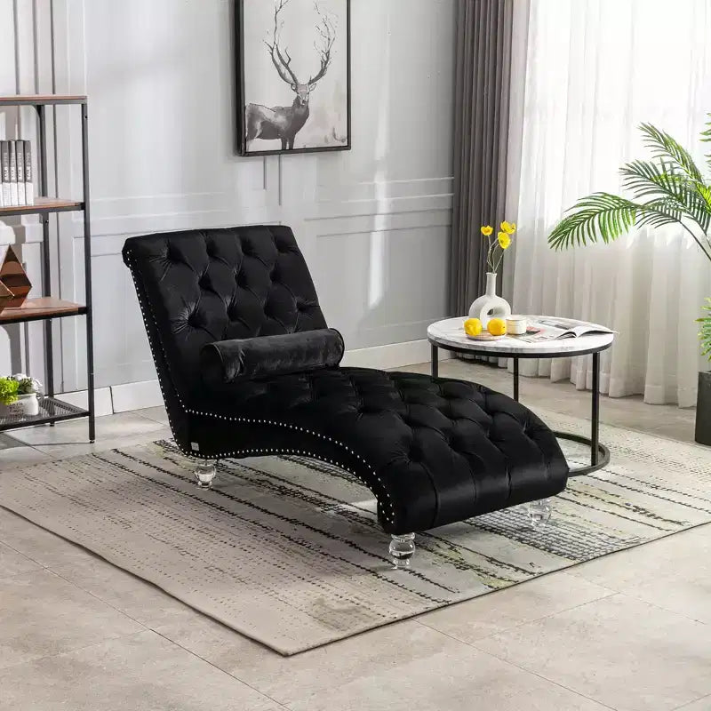 Lussuosa chaise longue con bottoni in velluto e piedini trasparenti, comoda poltrona imbottita per camera da letto, soggiorno, ufficio