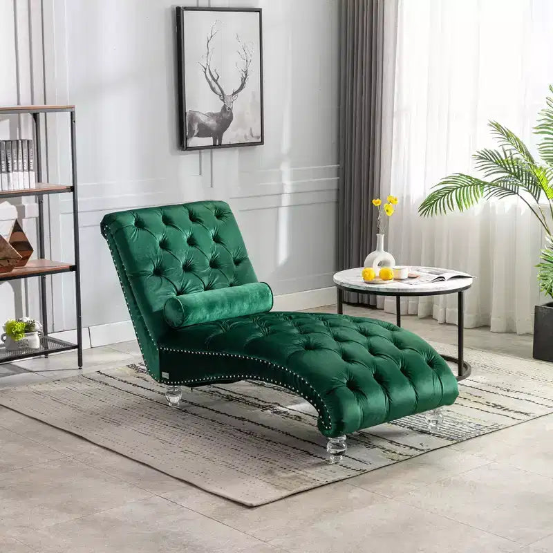 Lussuosa chaise longue con bottoni in velluto e piedini trasparenti, comoda poltrona imbottita per camera da letto, soggiorno, ufficio