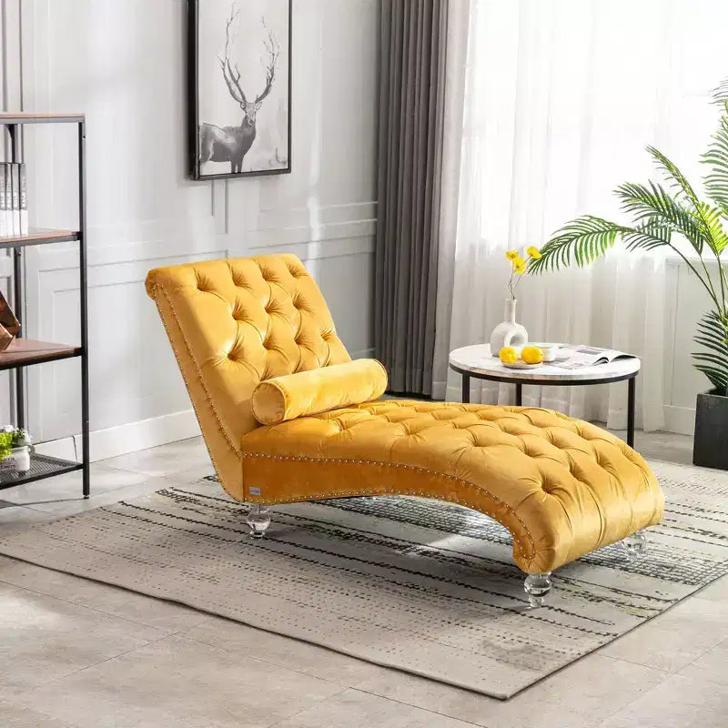 Lussuosa chaise longue con bottoni in velluto e piedini trasparenti, comoda poltrona imbottita per camera da letto, soggiorno, ufficio