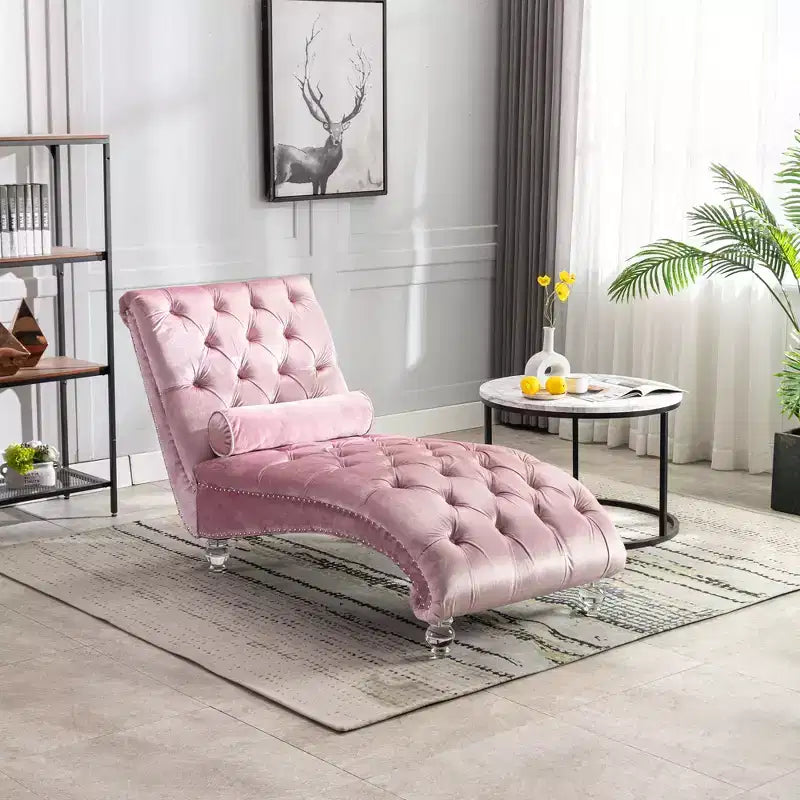 Lussuosa chaise longue con bottoni in velluto e piedini trasparenti, comoda poltrona imbottita per camera da letto, soggiorno, ufficio