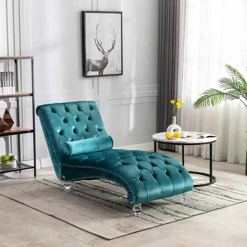Lussuosa chaise longue con bottoni in velluto e piedini trasparenti, comoda poltrona imbottita per camera da letto, soggiorno, ufficio