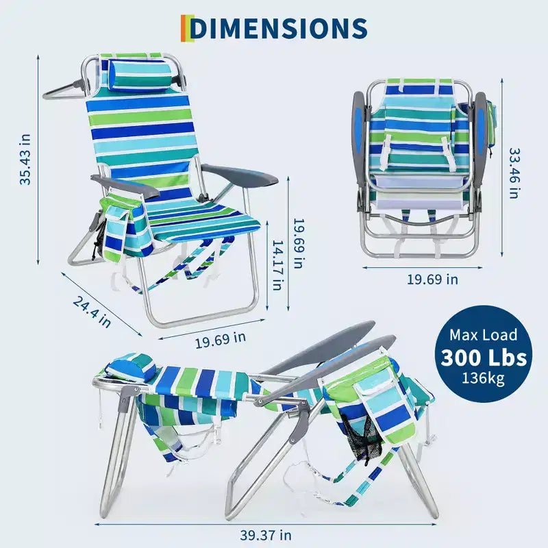Set di 2 sedie a zaino da spiaggia per adulti, sedie pieghevoli leggere in alluminio con schienale regolabile in 5 posizioni, portasciugamani, tasche portaoggetti