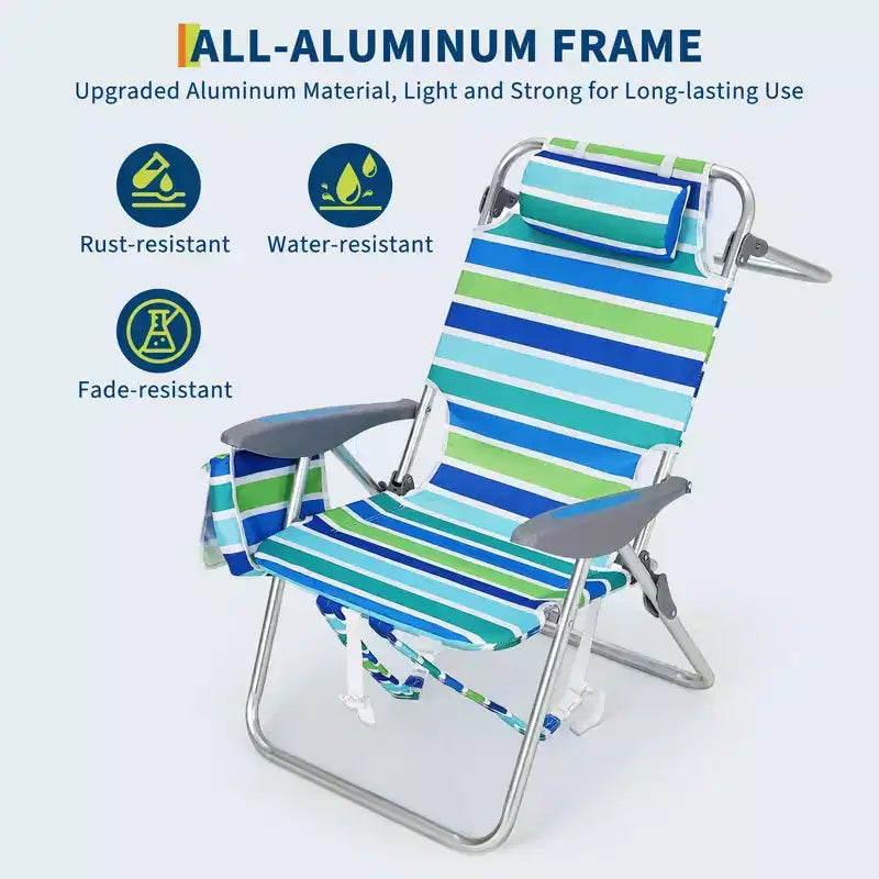 Set di 2 sedie a zaino da spiaggia per adulti, sedie pieghevoli leggere in alluminio con schienale regolabile in 5 posizioni, portasciugamani, tasche portaoggetti
