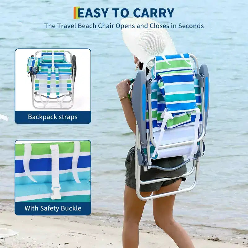 Set di 2 sedie a zaino da spiaggia per adulti, sedie pieghevoli leggere in alluminio con schienale regolabile in 5 posizioni, portasciugamani, tasche portaoggetti