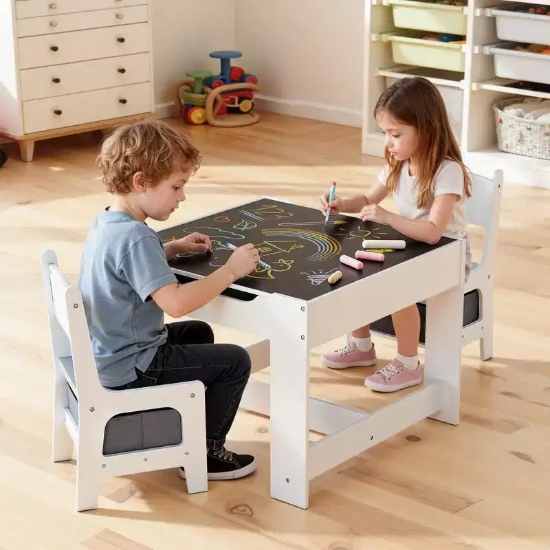 Tavolo e 2 Sedie per Bambini, Tavolo e Sedie per Bambini con Vano Portaoggetti sotto il Tavolo, Scatola Contenitore in Tessuto sotto le Sedie, Bianco