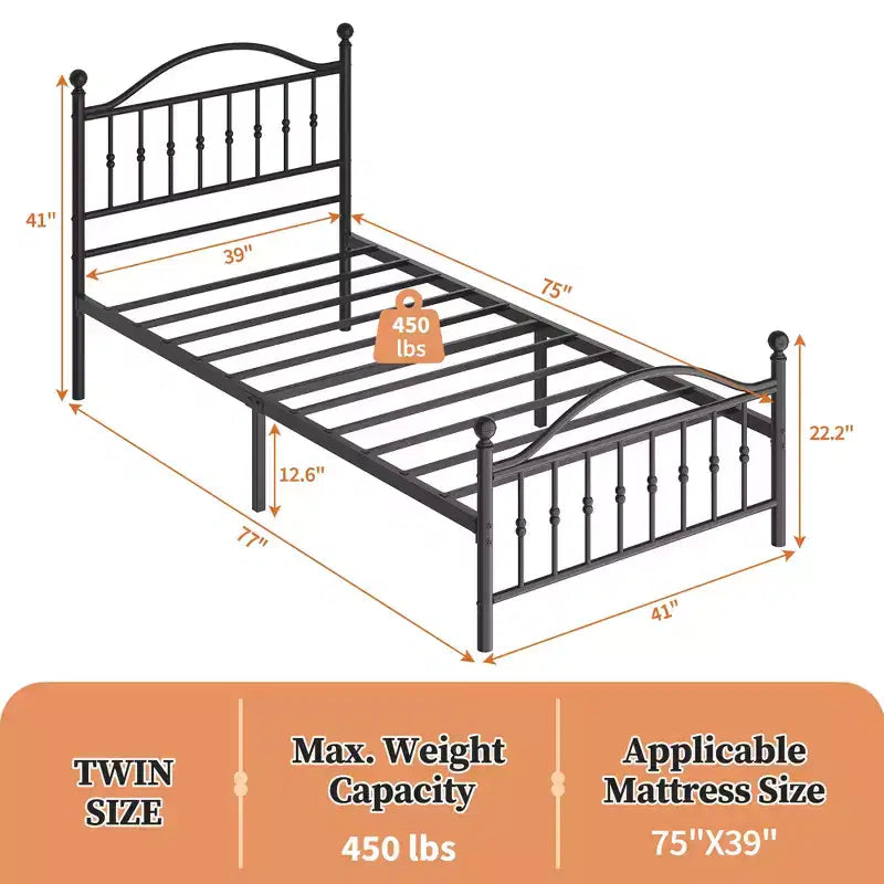 Struttura letto a piattaforma in metallo per adulti con testiera e pediera rotonde vintage, antirumore, nere