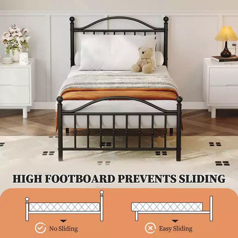 Struttura letto a piattaforma in metallo per adulti con testiera e pediera rotonde vintage, antirumore, nere