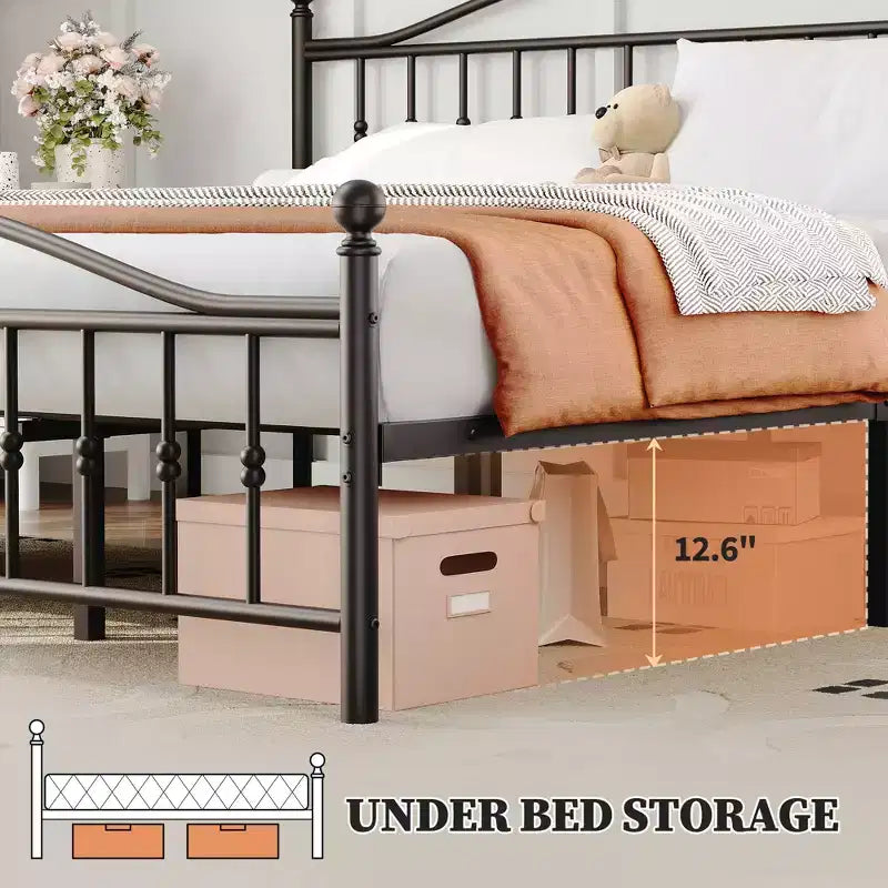 Struttura letto a piattaforma in metallo per adulti con testiera e pediera rotonde vintage, antirumore, nere