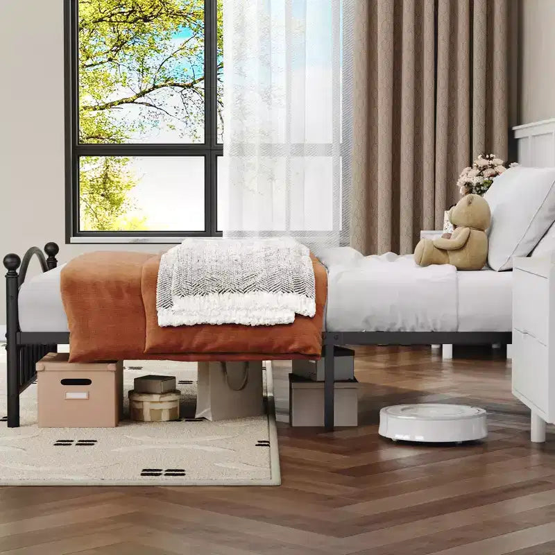 Struttura letto a piattaforma in metallo per adulti con testiera e pediera rotonde vintage, antirumore, nere